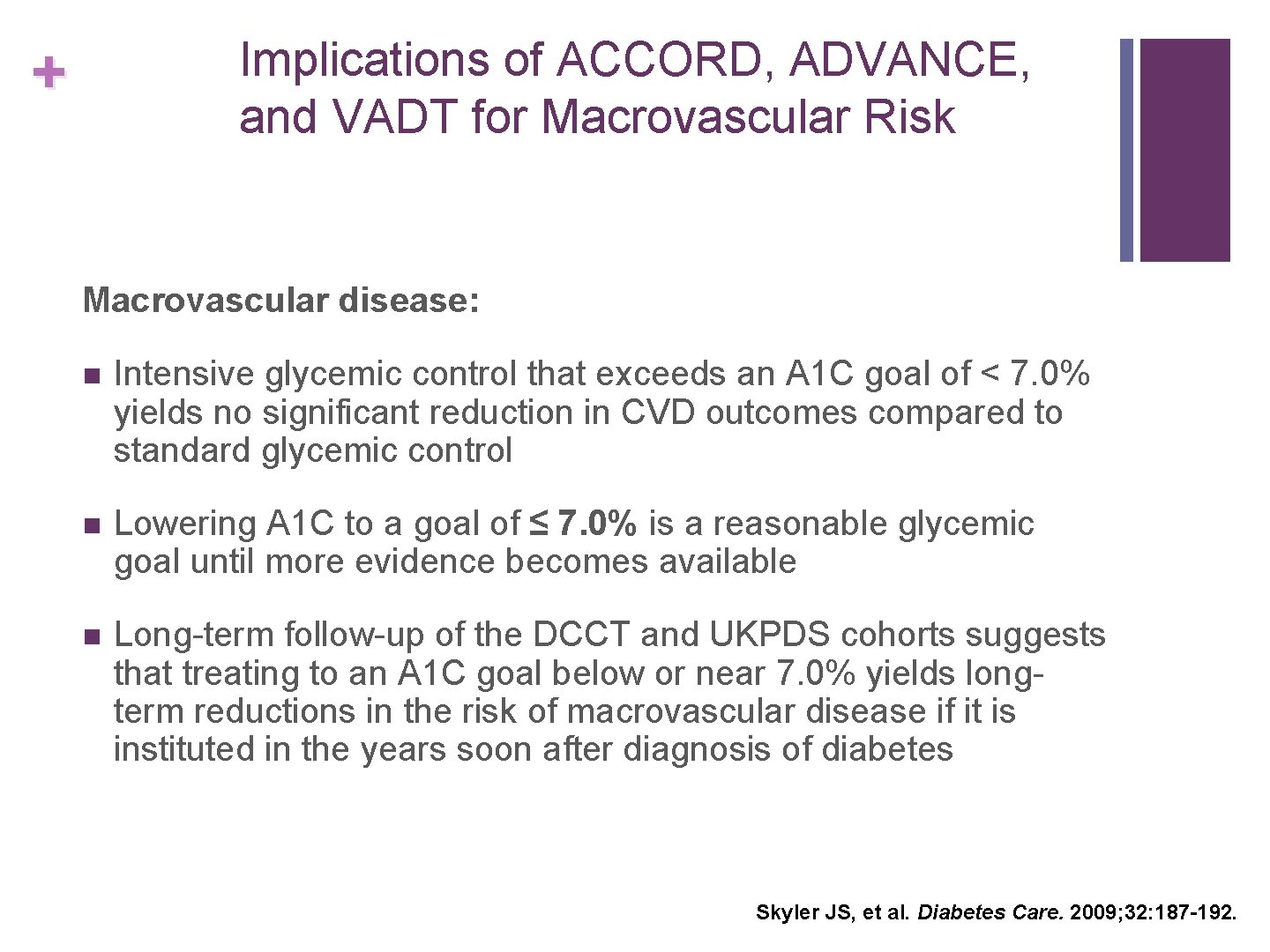 Implications of ACCORD, ADVANCE, and VADT for Macrovascular Risk + Macrovascular disease: n Intensive
