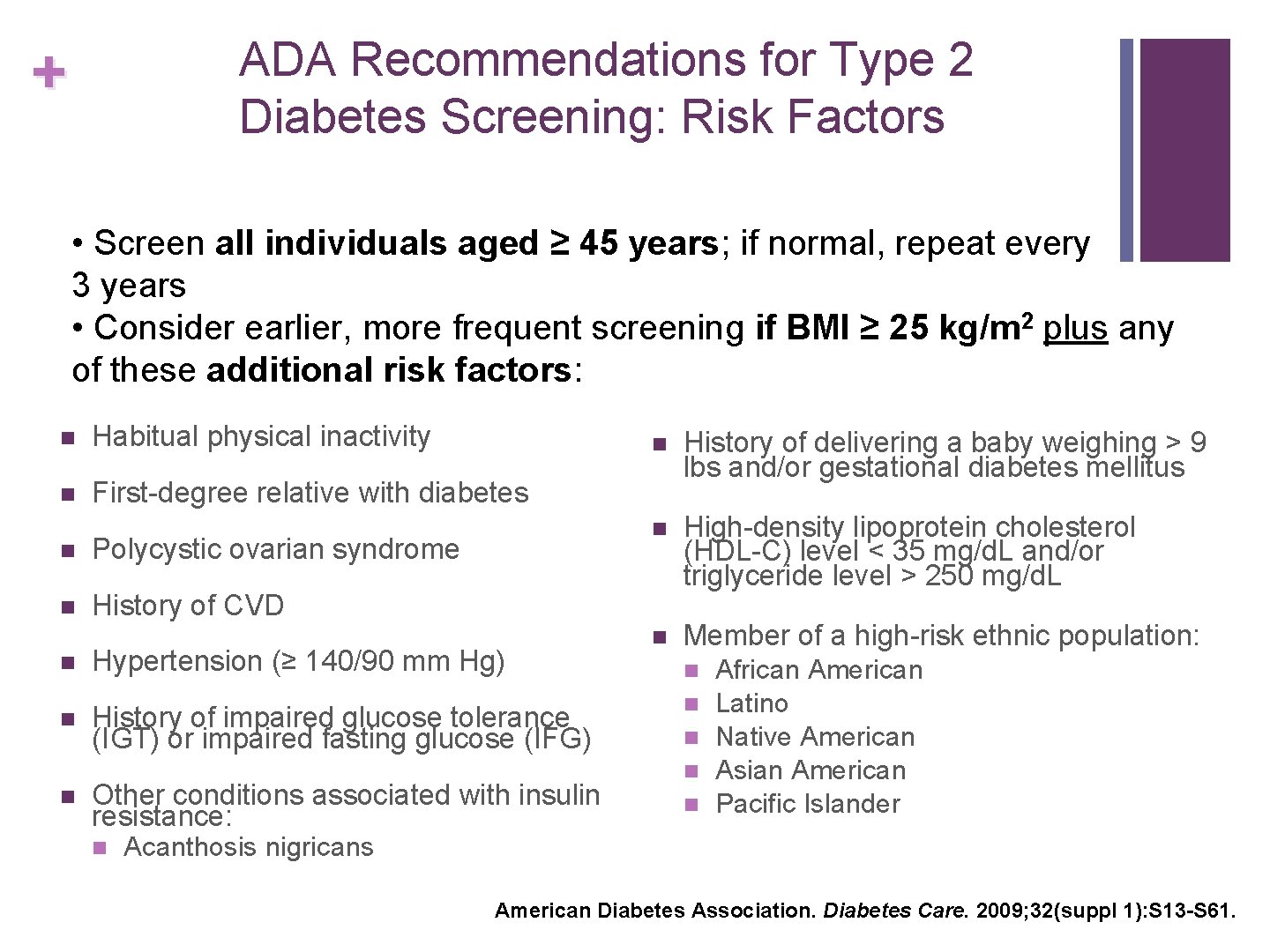 ADA Recommendations for Type 2 Diabetes Screening: Risk Factors + • Screen all individuals