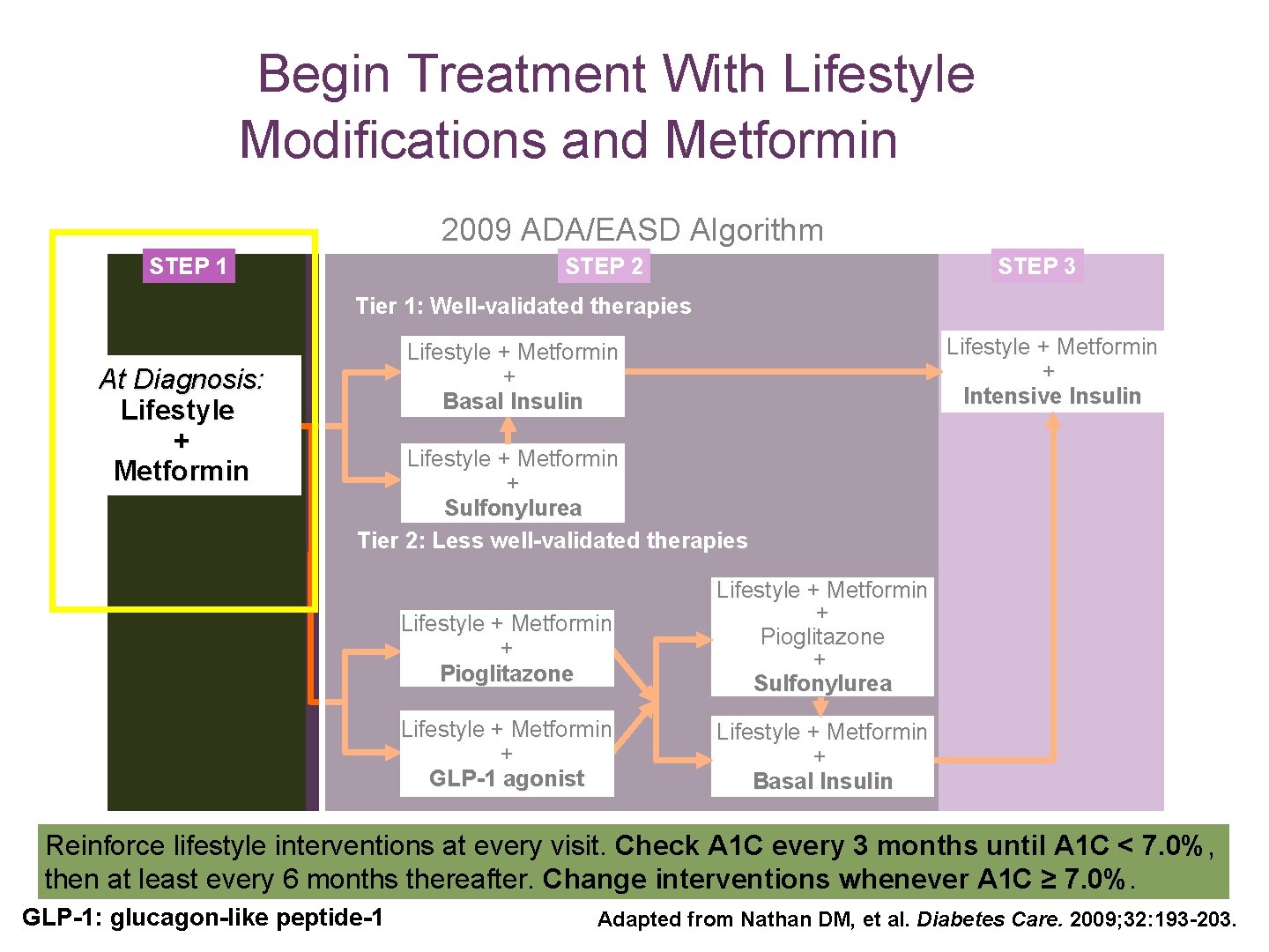 Begin Treatment With Lifestyle Modifications and Metformin 2009 ADA/EASD Algorithm STEP 1 STEP 2