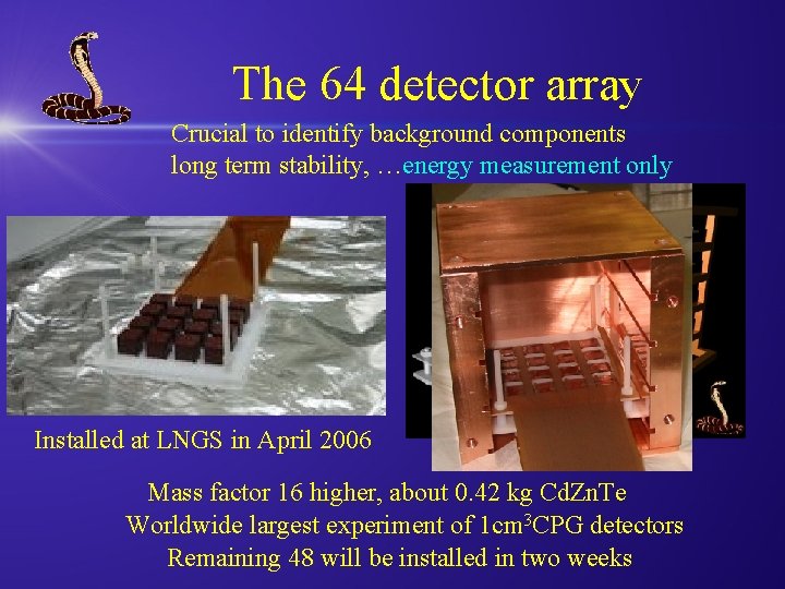 The 64 detector array Crucial to identify background components long term stability, …energy measurement