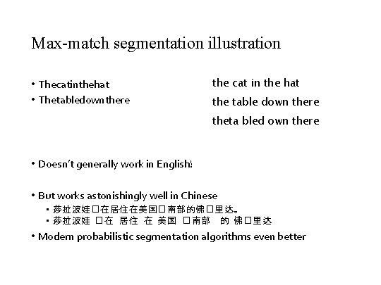 Max-match segmentation illustration • Thecatinthehat • Thetabledownthere the cat in the hat the table