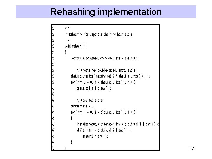 Rehashing implementation 22 Rehashing implementation 22