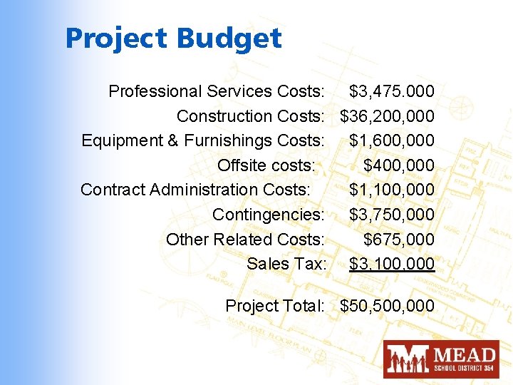 Project Budget Professional Services Costs: $3, 475. 000 Construction Costs: $36, 200, 000 Equipment