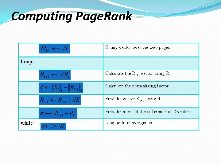 Computing Page. Rank S: any vector over the web pages Loop: Calculate the Ri+1