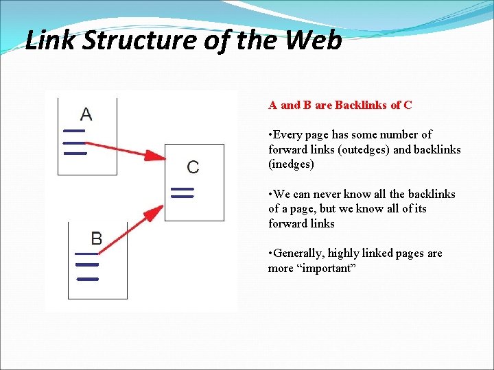 Link Structure of the Web A and B are Backlinks of C • Every