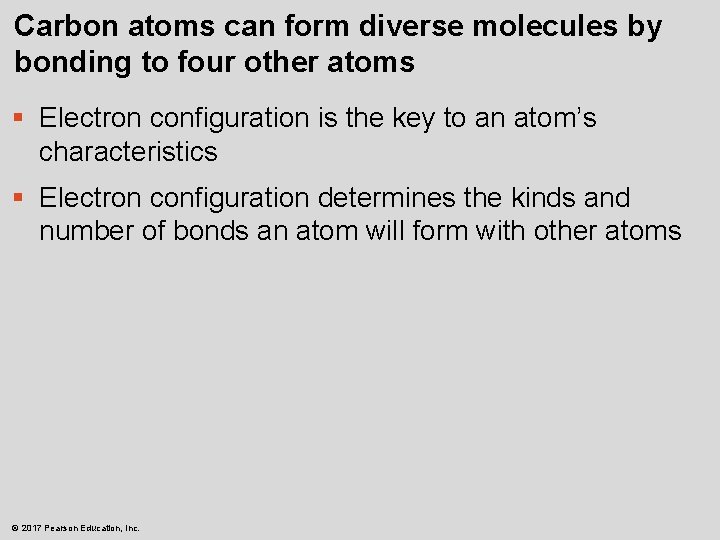 Carbon atoms can form diverse molecules by bonding to four other atoms § Electron