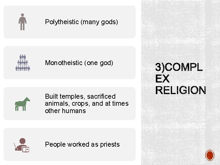 Polytheistic (many gods) Monotheistic (one god) Built temples, sacrificed animals, crops, and at times