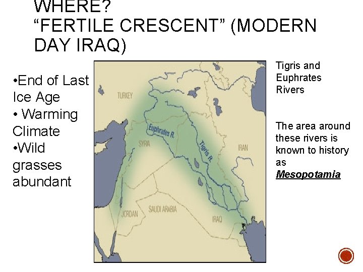 WHERE? “FERTILE CRESCENT” (MODERN DAY IRAQ) • End of Last Ice Age • Warming