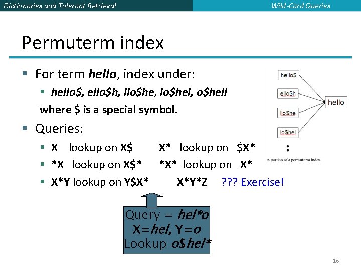Wild-Card Queries Dictionaries and Tolerant Retrieval Permuterm index § For term hello, index under: