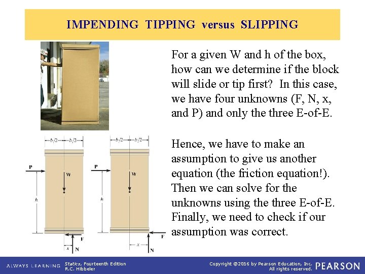 IMPENDING TIPPING versus SLIPPING For a given W and h of the box, how
