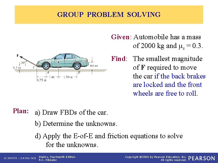 GROUP PROBLEM SOLVING Given: Automobile has a mass of 2000 kg and s =