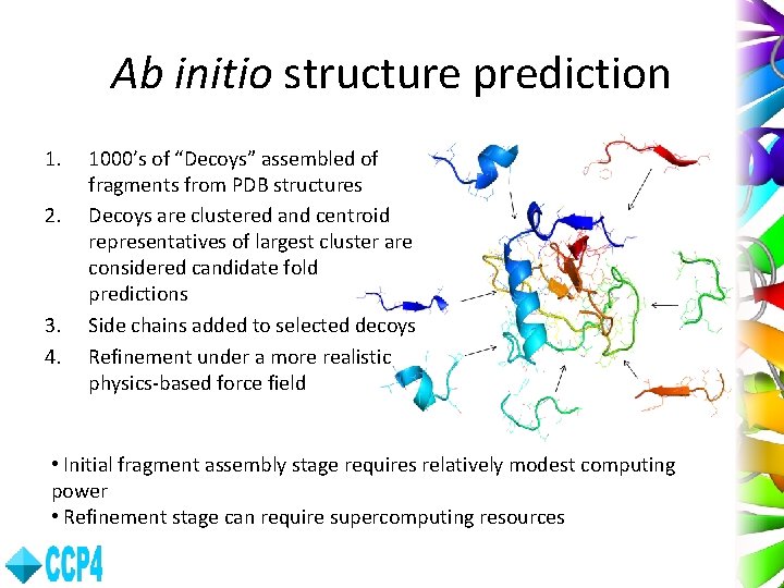 Ab initio structure prediction 1. 2. 3. 4. 1000’s of “Decoys” assembled of fragments