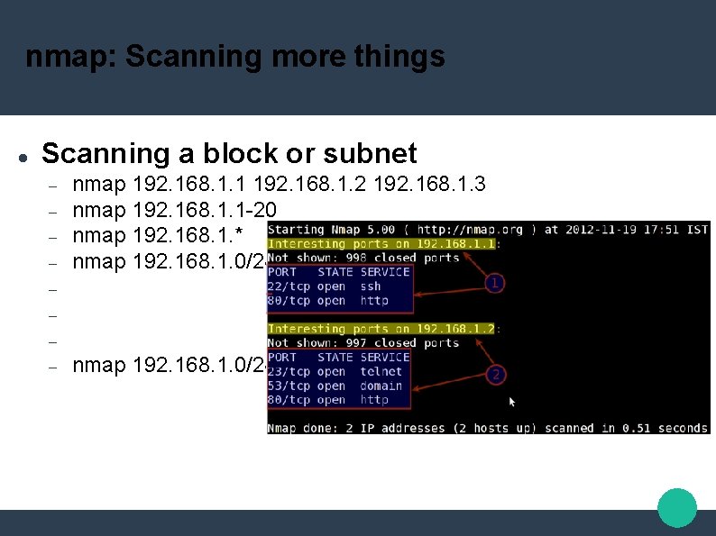 nmap: Scanning more things Scanning a block or subnet nmap 192. 168. 1. 1
