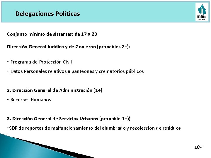 Delegaciones Políticas Conjunto mínimo de sistemas: de 17 a 20 Dirección General Jurídica y