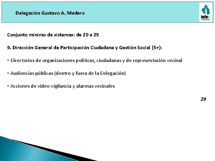 Delegación Gustavo A. Madero Conjunto mínimo de sistemas: de 20 a 25 9. Dirección