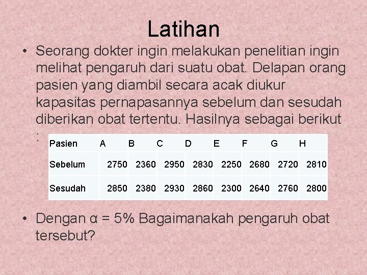 Latihan • Seorang dokter ingin melakukan penelitian ingin melihat pengaruh dari suatu obat. Delapan