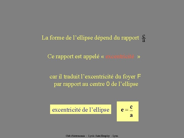 La forme de l’ellipse dépend du rapport Ce rapport est appelé « excentricité »