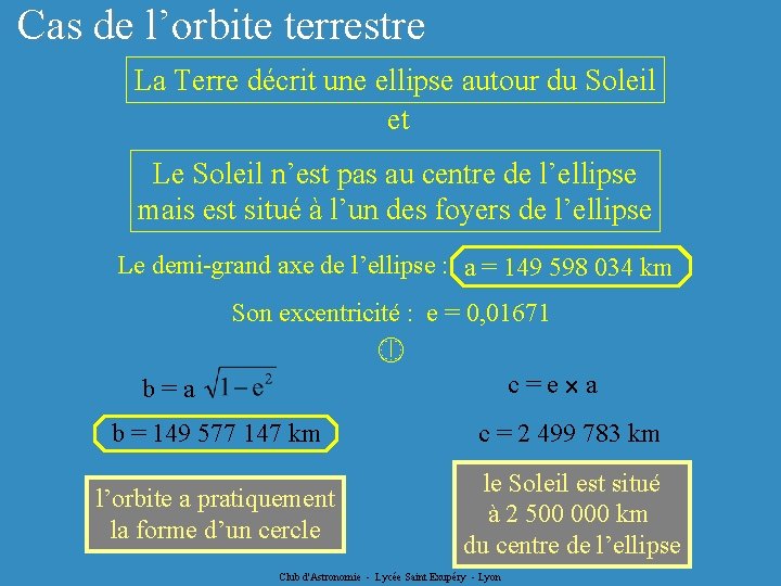 Cas de l’orbite terrestre La Terre décrit une ellipse autour du Soleil et Le