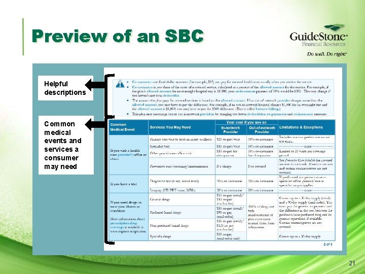 Preview of an SBC Helpful descriptions Common medical events and services a consumer may