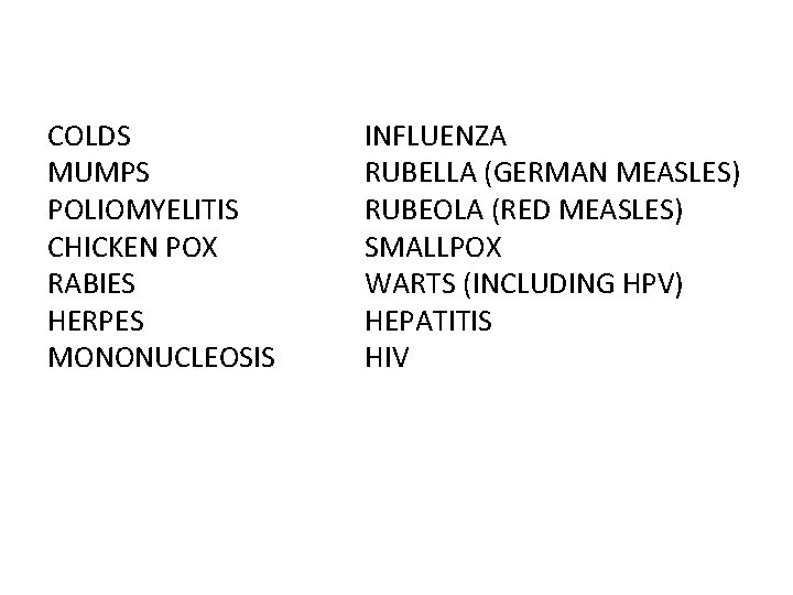 COLDS MUMPS POLIOMYELITIS CHICKEN POX RABIES HERPES MONONUCLEOSIS INFLUENZA RUBELLA (GERMAN MEASLES) RUBEOLA (RED
