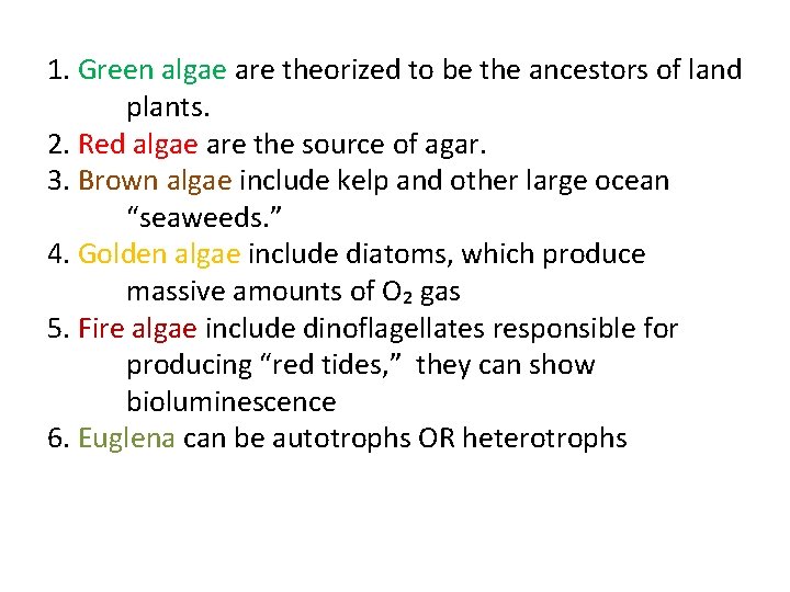 1. Green algae are theorized to be the ancestors of land plants. 2. Red