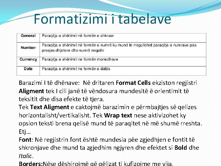 Formatizimi i tabelave Barazimi I të dhënave: Në dritaren Format Cells ekziston regjistri Aligment