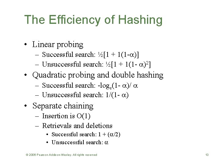 The Efficiency of Hashing • Linear probing – Successful search: ½[1 + 1(1 -