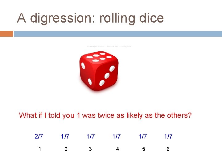 A digression: rolling dice What if I told you 1 was twice as likely