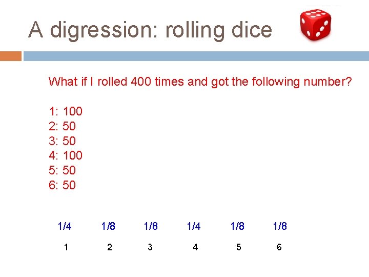 A digression: rolling dice What if I rolled 400 times and got the following