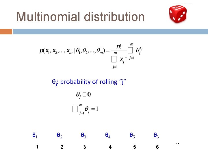 Multinomial distribution θj: probability of rolling “j” θ 1 θ 2 θ 3 θ