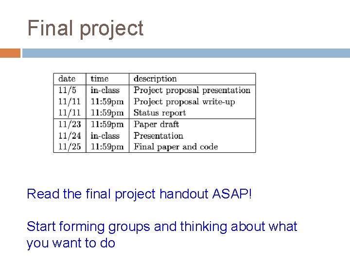 Final project Read the final project handout ASAP! Start forming groups and thinking about