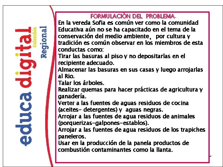 FORMULACIÒN DEL PROBLEMA En la vereda Sofia es común ver como la comunidad Educativa