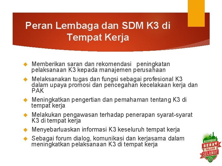 Peran Lembaga dan SDM K 3 di Tempat Kerja Memberikan saran dan rekomendasi peningkatan