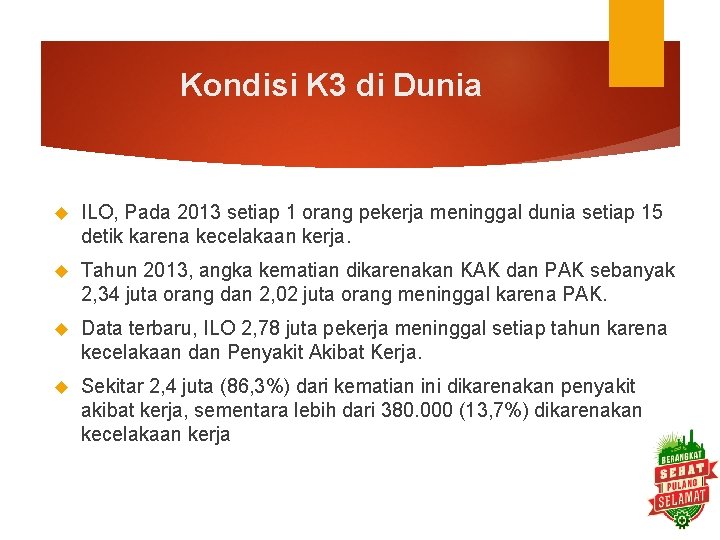 Kondisi K 3 di Dunia ILO, Pada 2013 setiap 1 orang pekerja meninggal dunia