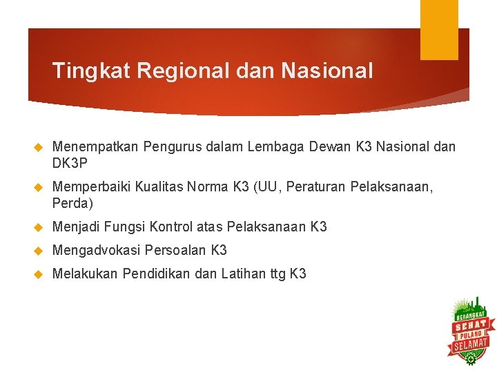 Tingkat Regional dan Nasional Menempatkan Pengurus dalam Lembaga Dewan K 3 Nasional dan DK