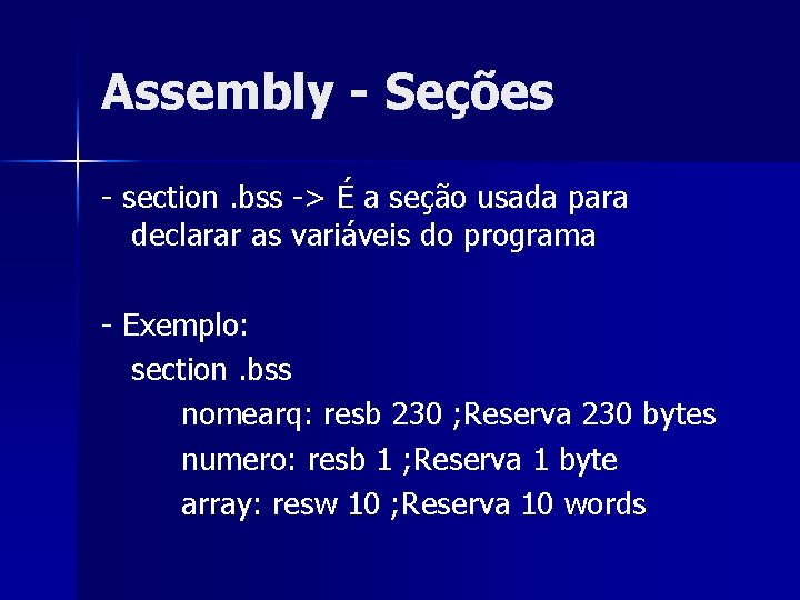 Assembly - Seções - section. bss -> É a seção usada para declarar as