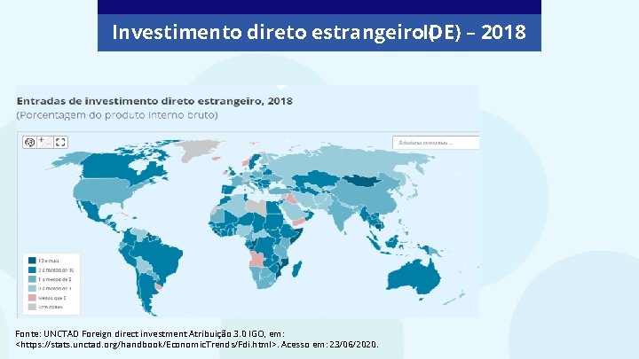 Investimento direto estrangeiro. IDE) ( – 2018 Fonte: UNCTAD Foreign direct investment Atribuição 3.