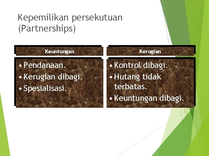 Kepemilikan persekutuan (Partnerships) Keuntungan • Pendanaan. • Kerugian dibagi. • Spesialisasi. Kerugian • Kontrol