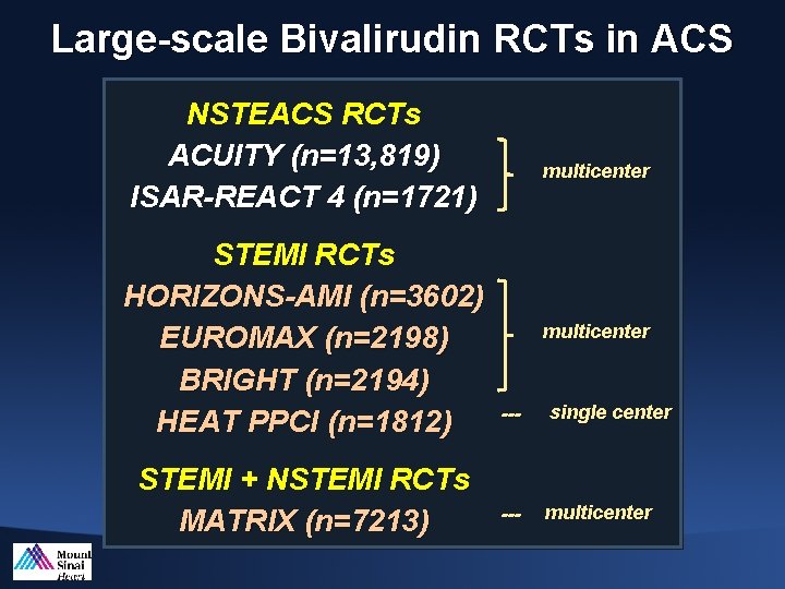 Large-scale Bivalirudin RCTs in ACS NSTEACS RCTs ACUITY (n=13, 819) ISAR-REACT 4 (n=1721) STEMI