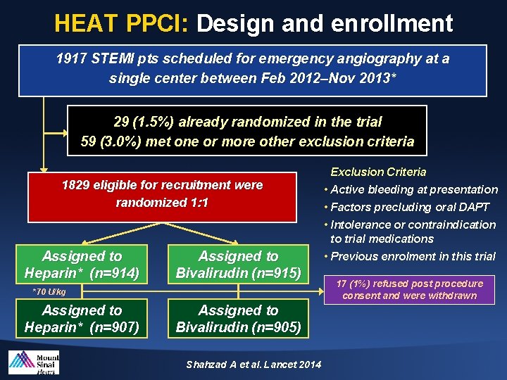 HEAT PPCI: Design and enrollment 1917 STEMI pts scheduled for emergency angiography at a