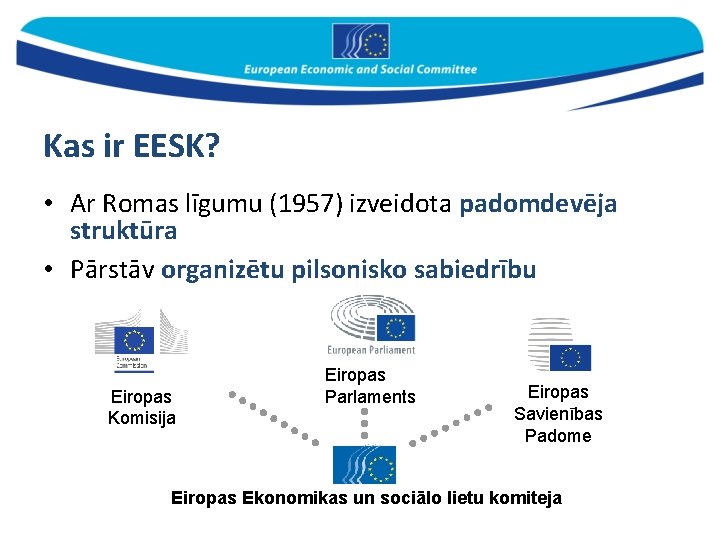 Kas ir EESK? • Ar Romas līgumu (1957) izveidota padomdevēja struktūra • Pārstāv organizētu