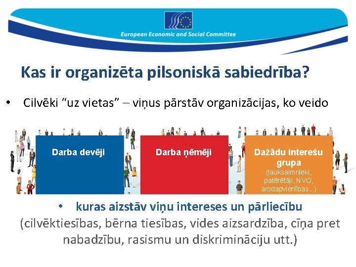 Kas ir organizēta pilsoniskā sabiedrība? • Cilvēki “uz vietas” – viņus pārstāv organizācijas, ko