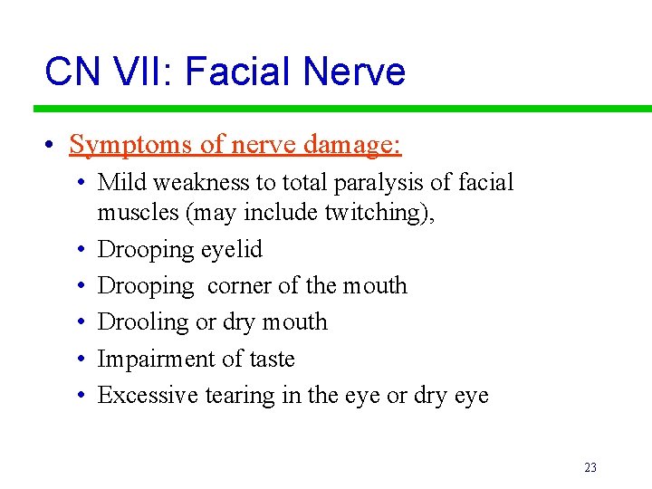 CN VII: Facial Nerve • Symptoms of nerve damage: • Mild weakness to total