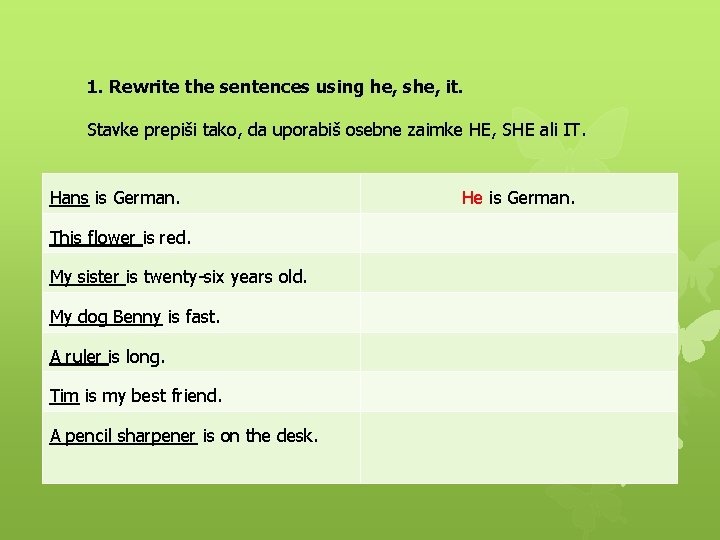 1. Rewrite the sentences using he, she, it. Stavke prepiši tako, da uporabiš osebne
