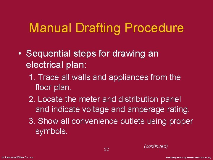 Manual Drafting Procedure • Sequential steps for drawing an electrical plan: 1. Trace all