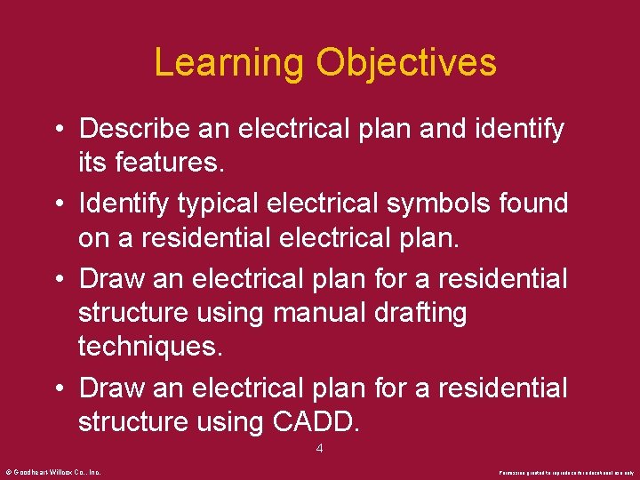 Learning Objectives • Describe an electrical plan and identify its features. • Identify typical
