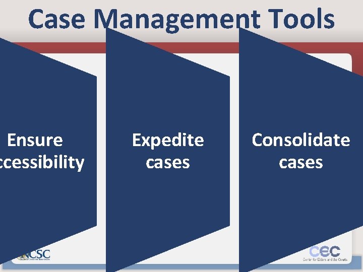 Case Management Tools Ensure ccessibility Expedite cases Consolidate cases 