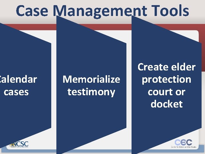 Case Management Tools Calendar cases Memorialize testimony Create elder protection court or docket 