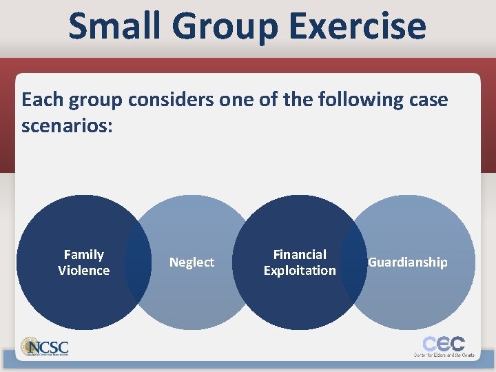 Small Group Exercise Each group considers one of the following case scenarios: Family Violence