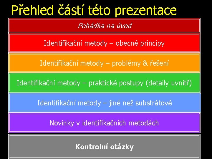 Přehled částí této prezentace Pohádka na úvod Identifikační metody – obecné principy Identifikační metody